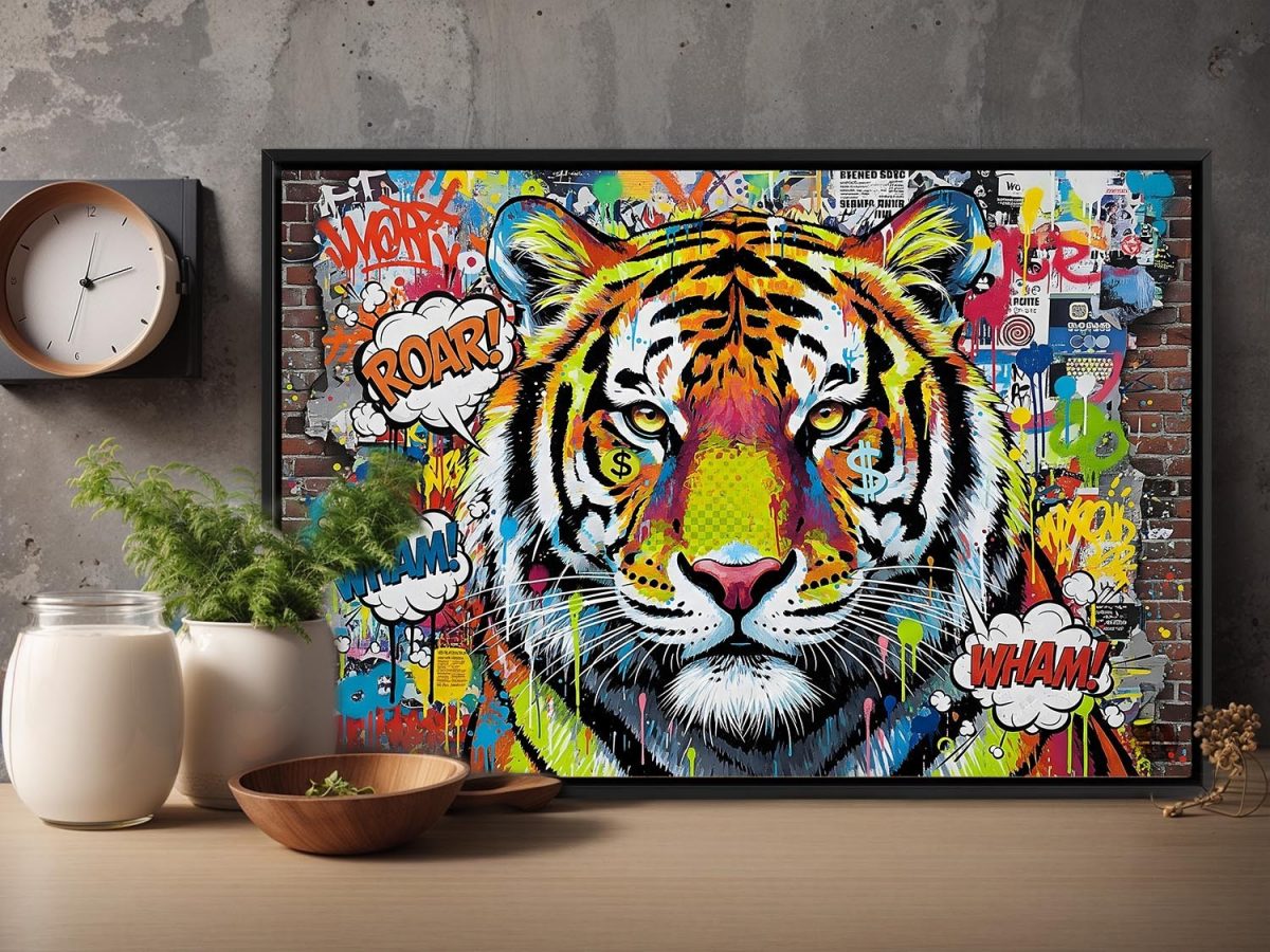 Tiger Street Art - – Leinwanddruck mit Schattenfugenrahmen, Pop Art