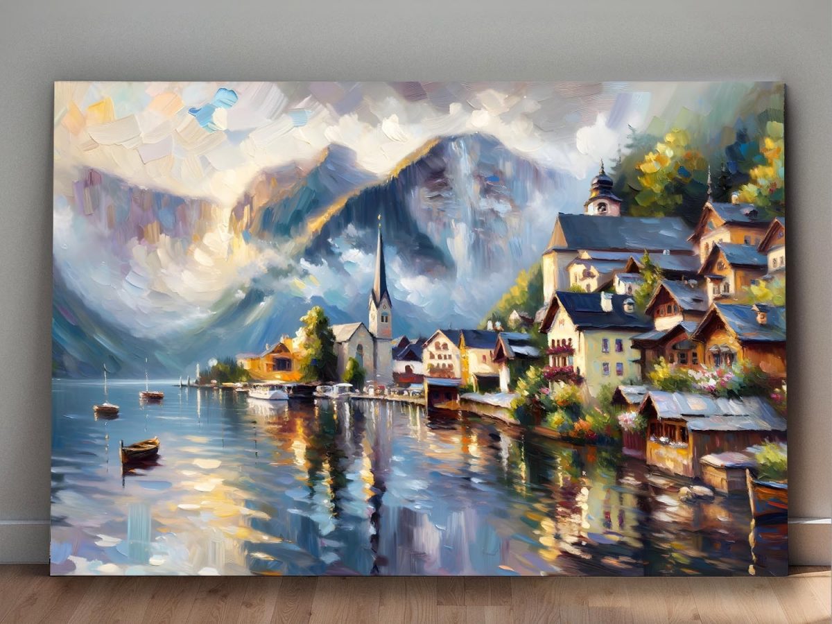 57-793.jpg Alpendorf am See mit Bergpanorama - Bild auf Leinwand