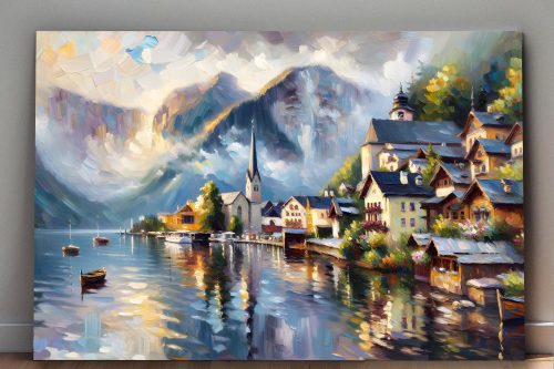 Alpendorf am See mit Bergpanorama - Bild auf Leinwand