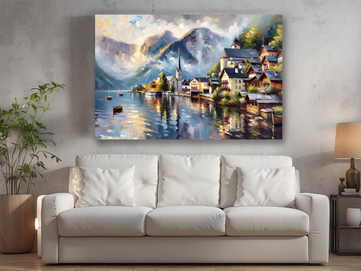 57-794.jpg Alpendorf am See mit Bergpanorama - Bild auf Leinwand