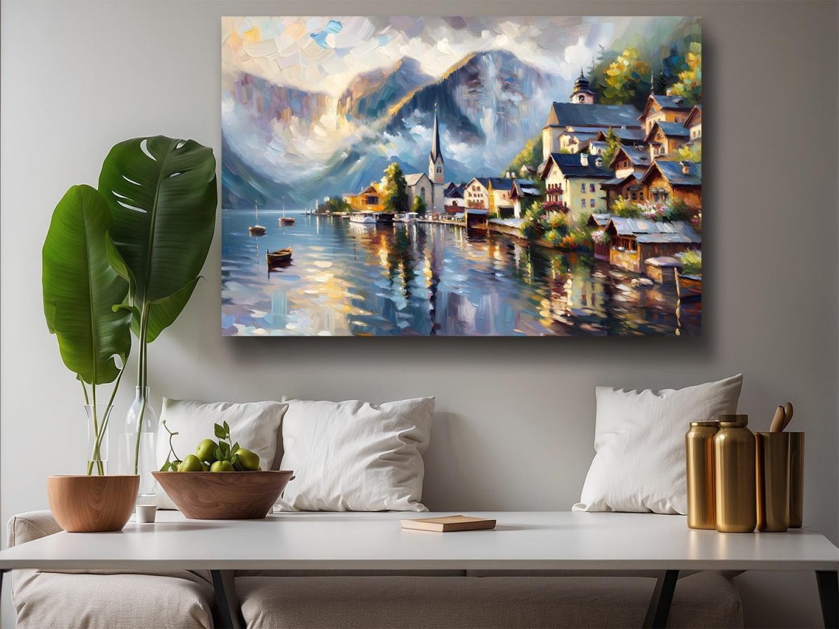 57-795.jpg Alpendorf am See mit Bergpanorama - Bild auf Leinwand