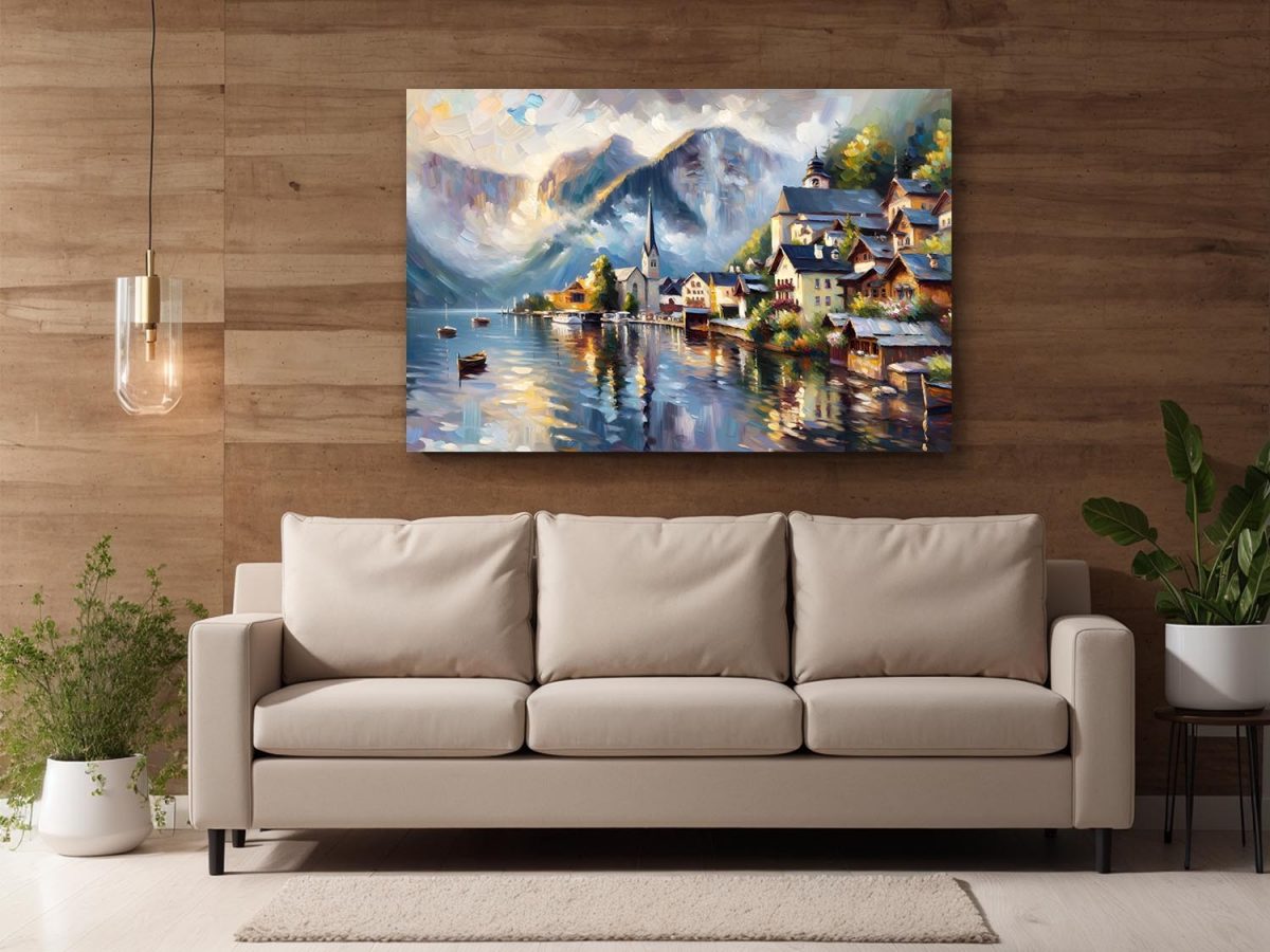 57-796.jpg Alpendorf am See mit Bergpanorama - Bild auf Leinwand