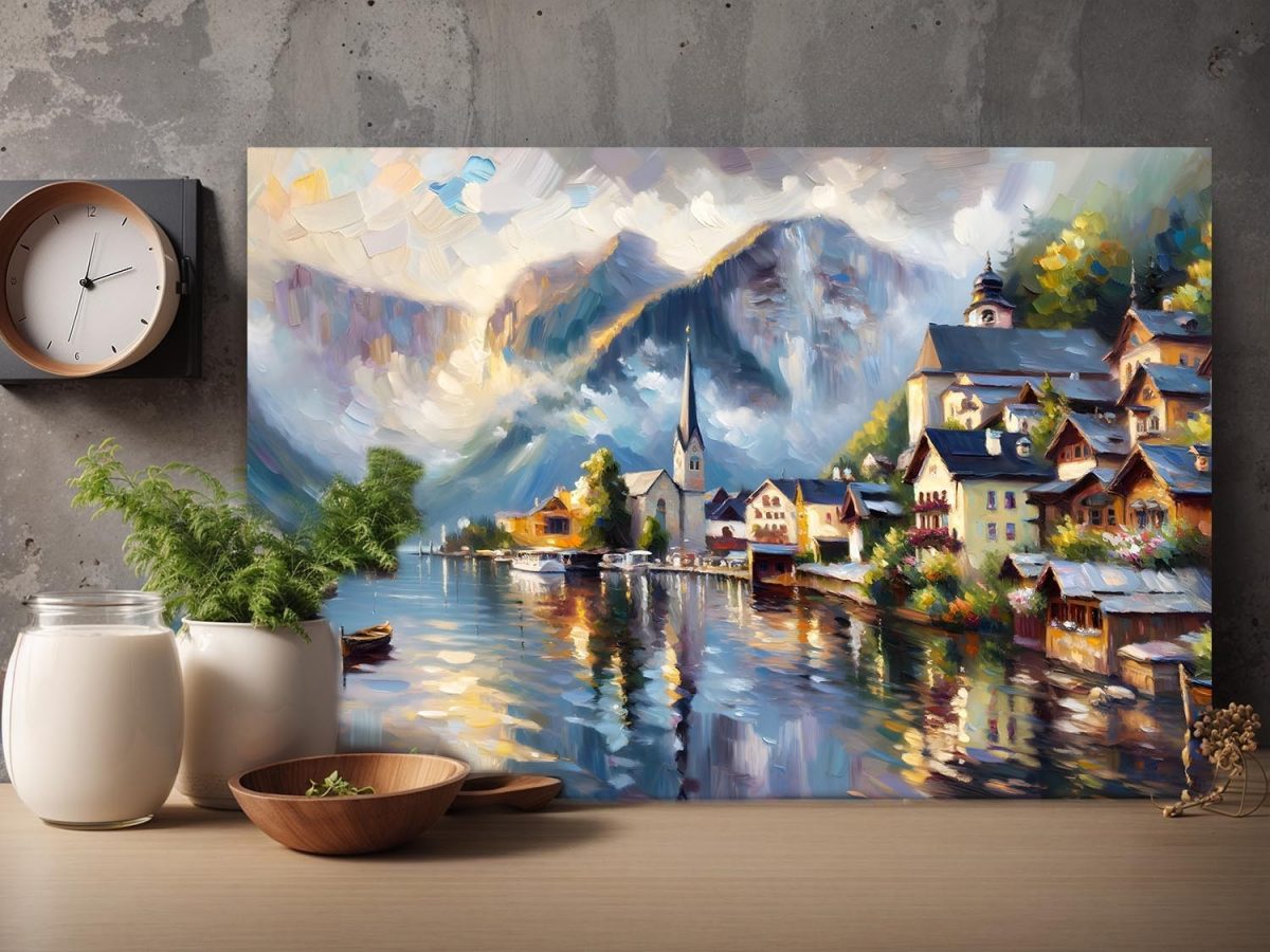 57-797.jpg Alpendorf am See mit Bergpanorama - Bild auf Leinwand