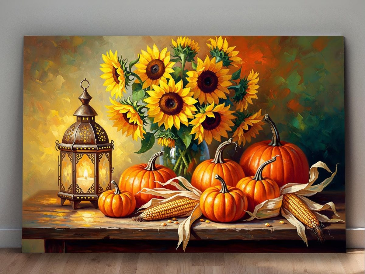 Stillleben-Komposition mit Sonnenblumen und Kürbissen, Bild auf Leinwand