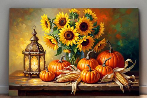 Stillleben-Komposition mit Sonnenblumen und Kürbissen, Bild auf Leinwand