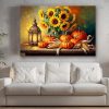 Stillleben-Komposition mit Sonnenblumen und Kürbissen, Bild auf Leinwand