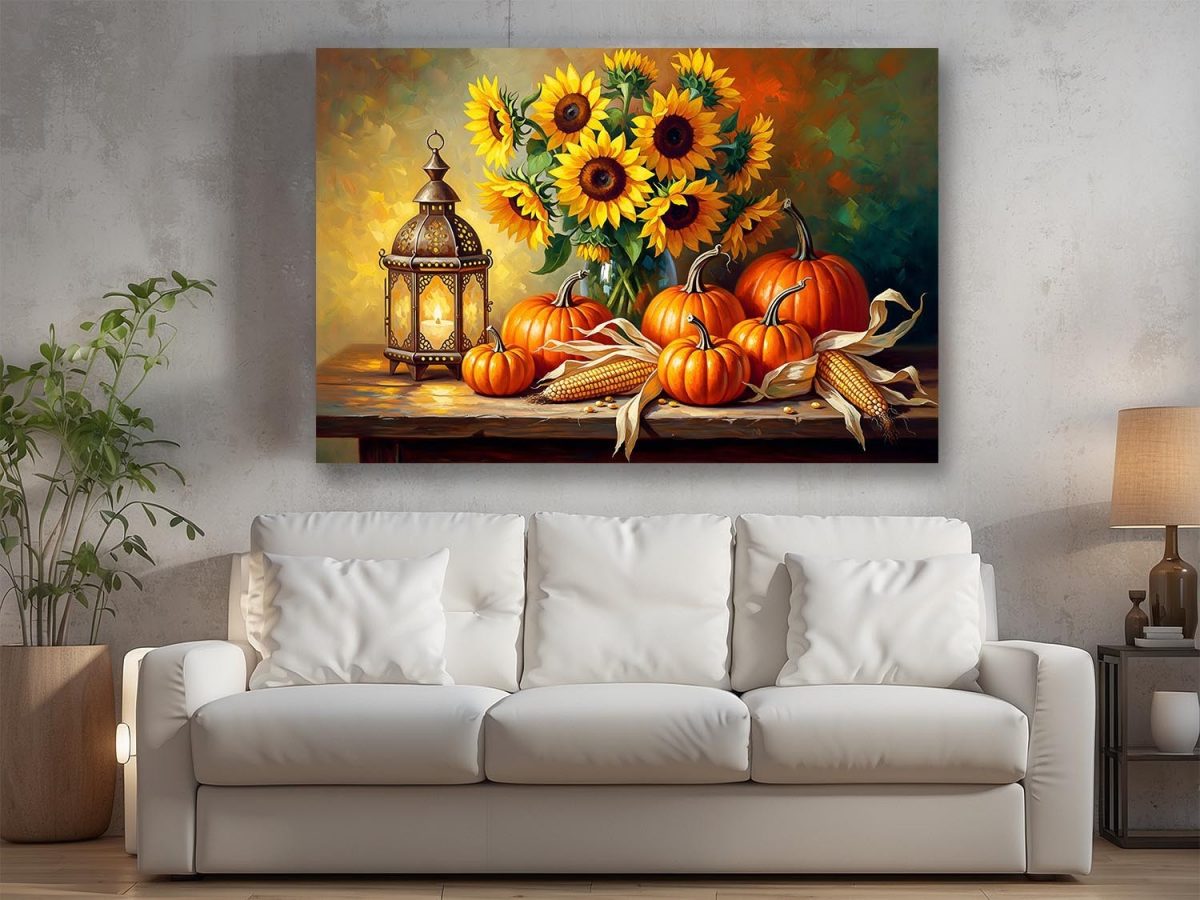 Stillleben-Komposition mit Sonnenblumen und Kürbissen, Bild auf Leinwand