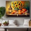Stillleben-Komposition mit Sonnenblumen und Kürbissen, Bild auf Leinwand