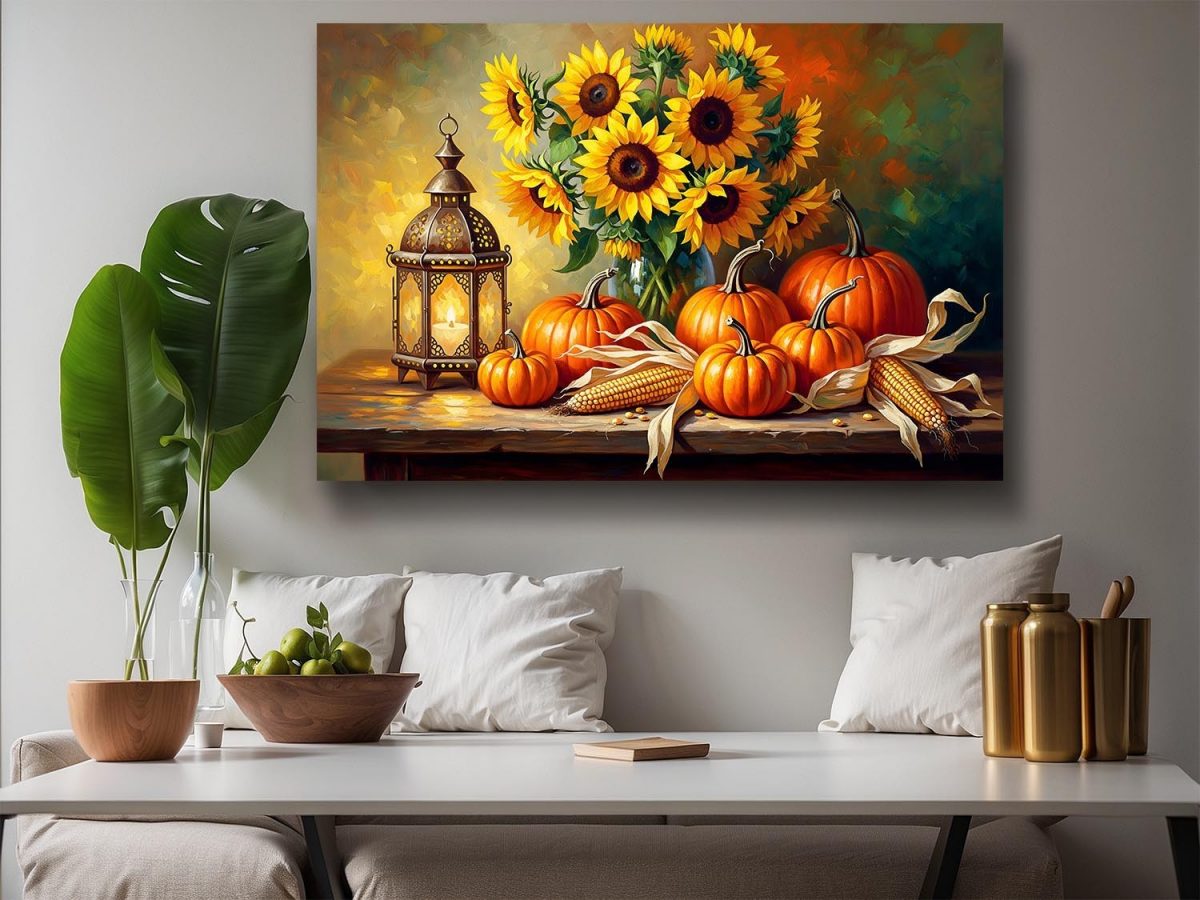 Stillleben-Komposition mit Sonnenblumen und Kürbissen, Bild auf Leinwand