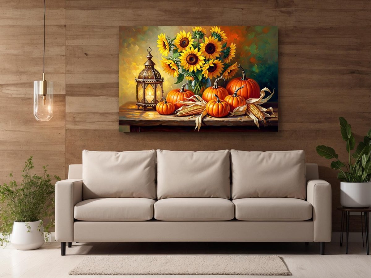 Stillleben-Komposition mit Sonnenblumen und Kürbissen, Bild auf Leinwand