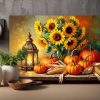 Stillleben-Komposition mit Sonnenblumen und Kürbissen, Bild auf Leinwand