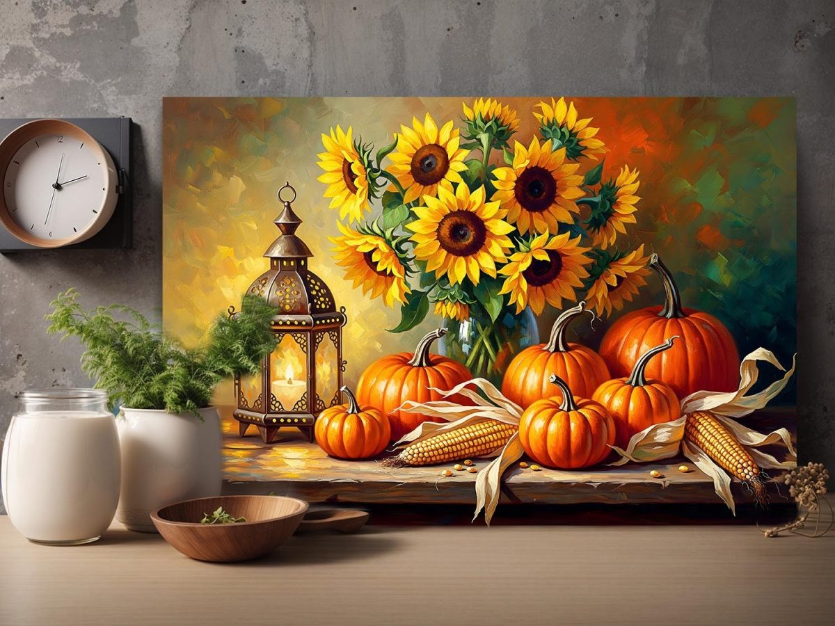 Stillleben-Komposition mit Sonnenblumen und Kürbissen, Bild auf Leinwand