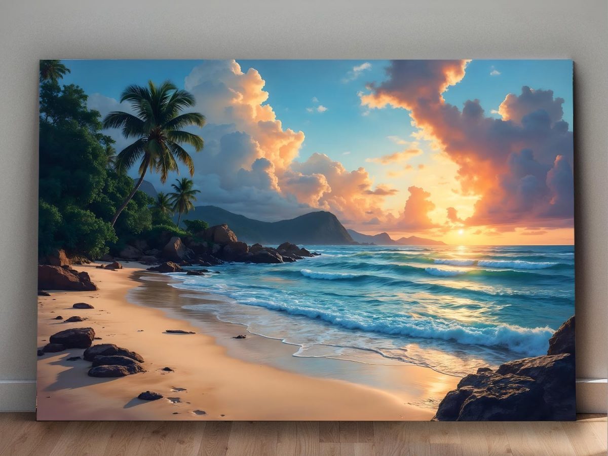 Tropischer Sonnenuntergang am Palmenstrand, Bild auf Leinwand