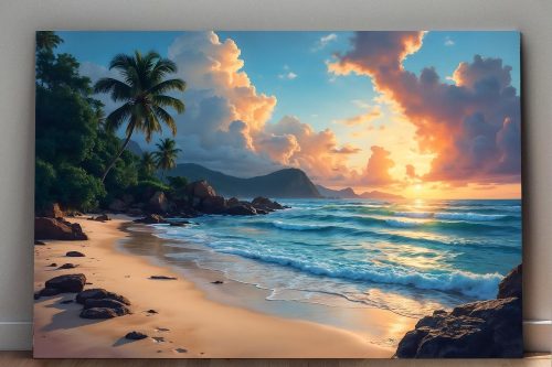 Tropischer Sonnenuntergang am Palmenstrand, Bild auf Leinwand