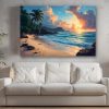 Tropischer Sonnenuntergang am Palmenstrand, Bild auf Leinwand