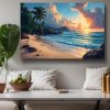 Tropischer Sonnenuntergang am Palmenstrand, Bild auf Leinwand