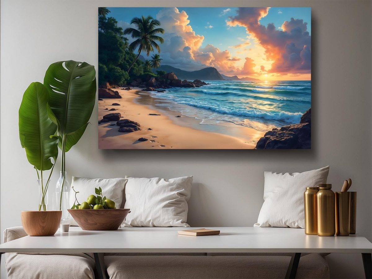 Tropischer Sonnenuntergang am Palmenstrand, Bild auf Leinwand