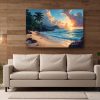 Tropischer Sonnenuntergang am Palmenstrand, Bild auf Leinwand