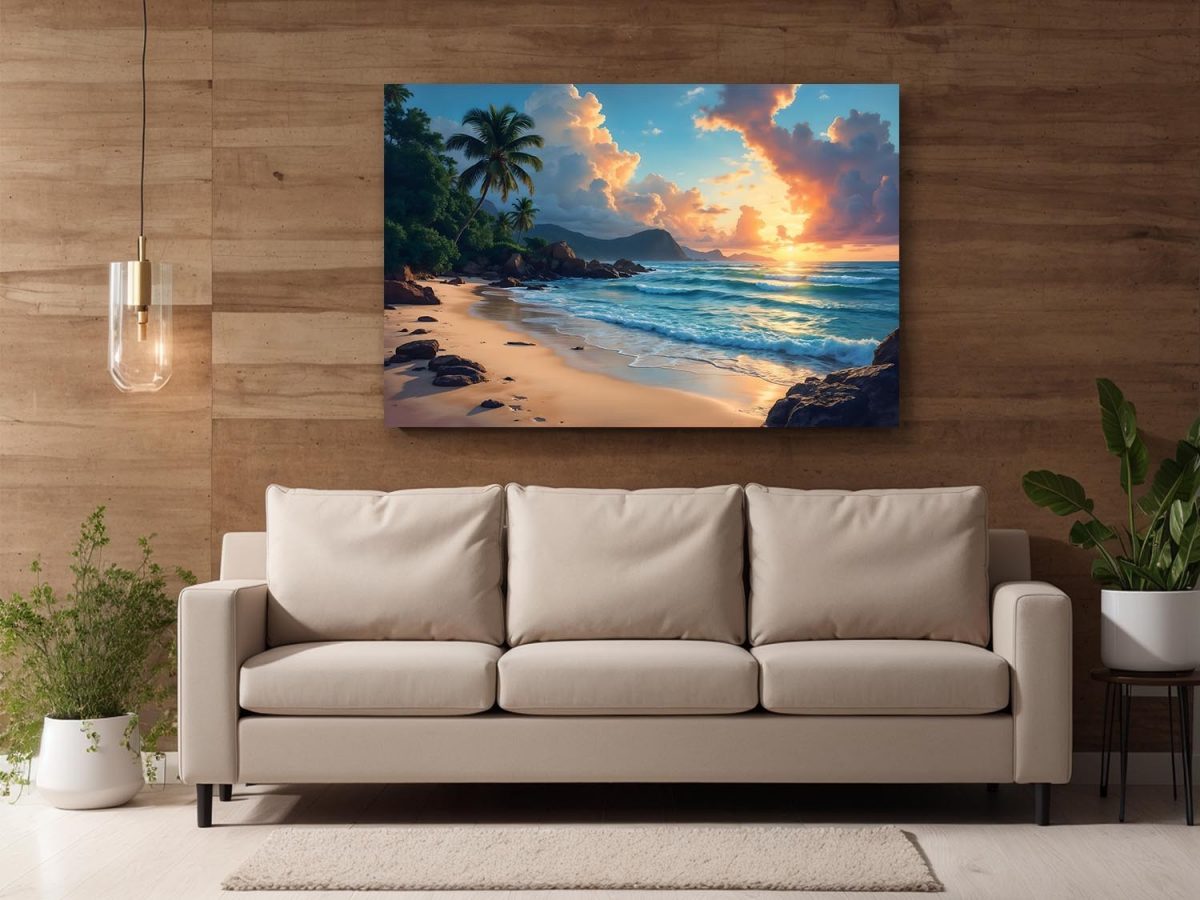 Tropischer Sonnenuntergang am Palmenstrand, Bild auf Leinwand