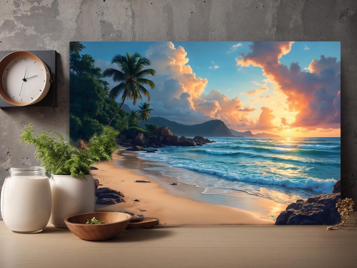 Tropischer Sonnenuntergang am Palmenstrand, Bild auf Leinwand