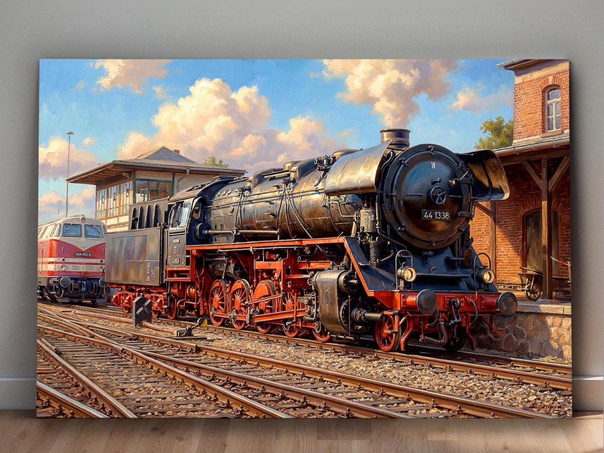 57-818.jpg Dampflok 44 1338 im Bahnbetriebswerk , Bild auf Leinwand