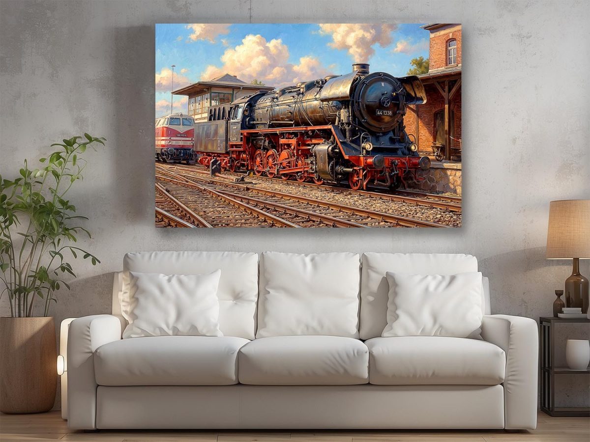 57-819.jpg Dampflok 44 1338 im Bahnbetriebswerk , Bild auf Leinwand