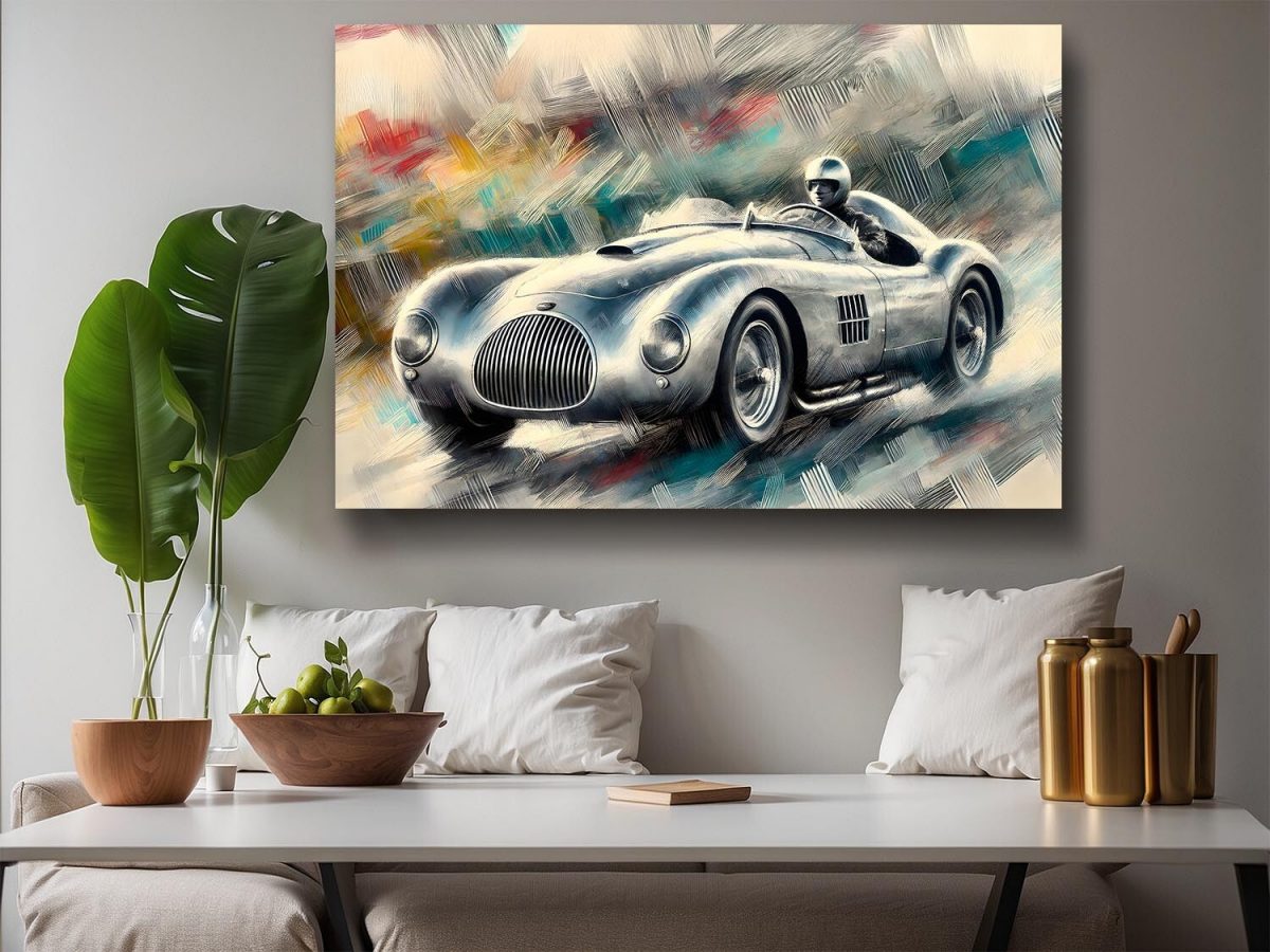 Rennwagen auf abstraktem Hintergrund – Bild auf Leinwand