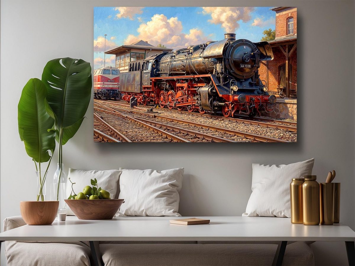 57-820.jpg Dampflok 44 1338 im Bahnbetriebswerk , Bild auf Leinwand