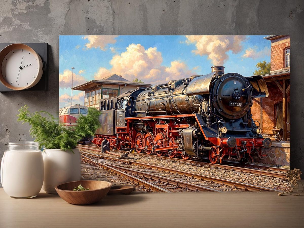 57-822.jpg Dampflok 44 1338 im Bahnbetriebswerk , Bild auf Leinwand