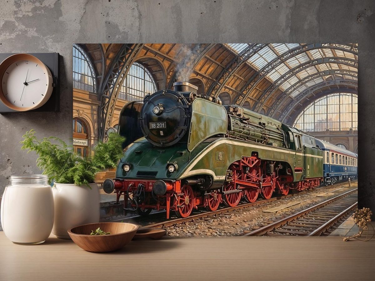 Dampflok 18 201 im historischen Bahnhof , Bild auf Leinwand