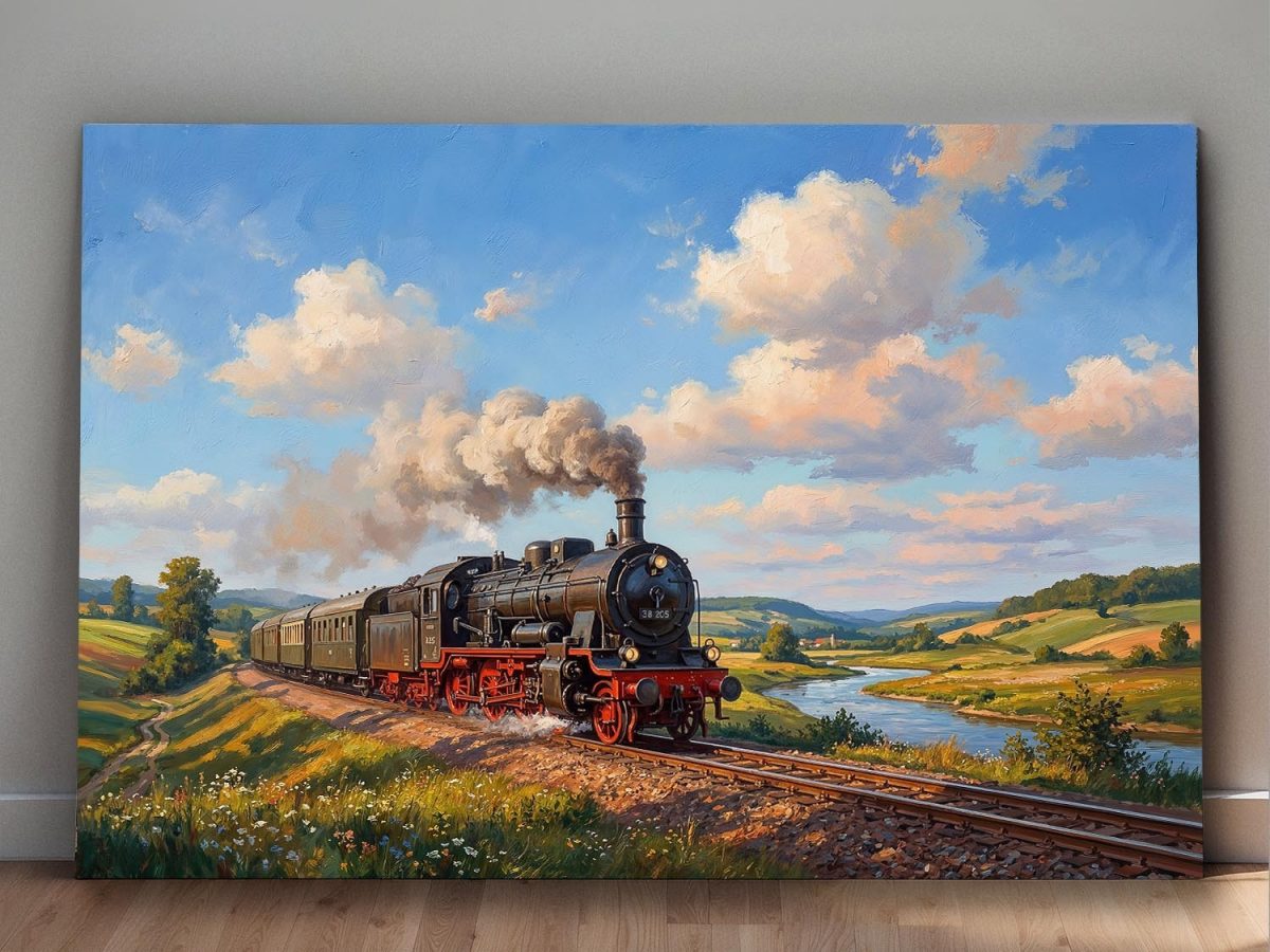 Dampflok 38 205 in sommerlicher Landschaft , Bild auf Leinwand