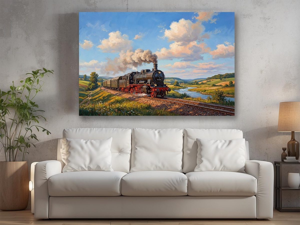 Dampflok 38 205 in sommerlicher Landschaft , Bild auf Leinwand