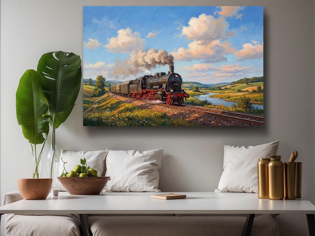 Dampflok 38 205 in sommerlicher Landschaft , Bild auf Leinwand