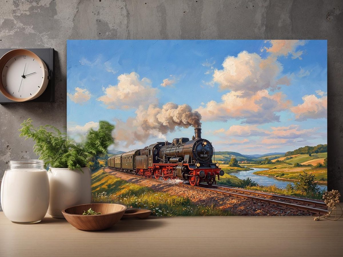 Dampflok 38 205 in sommerlicher Landschaft , Bild auf Leinwand