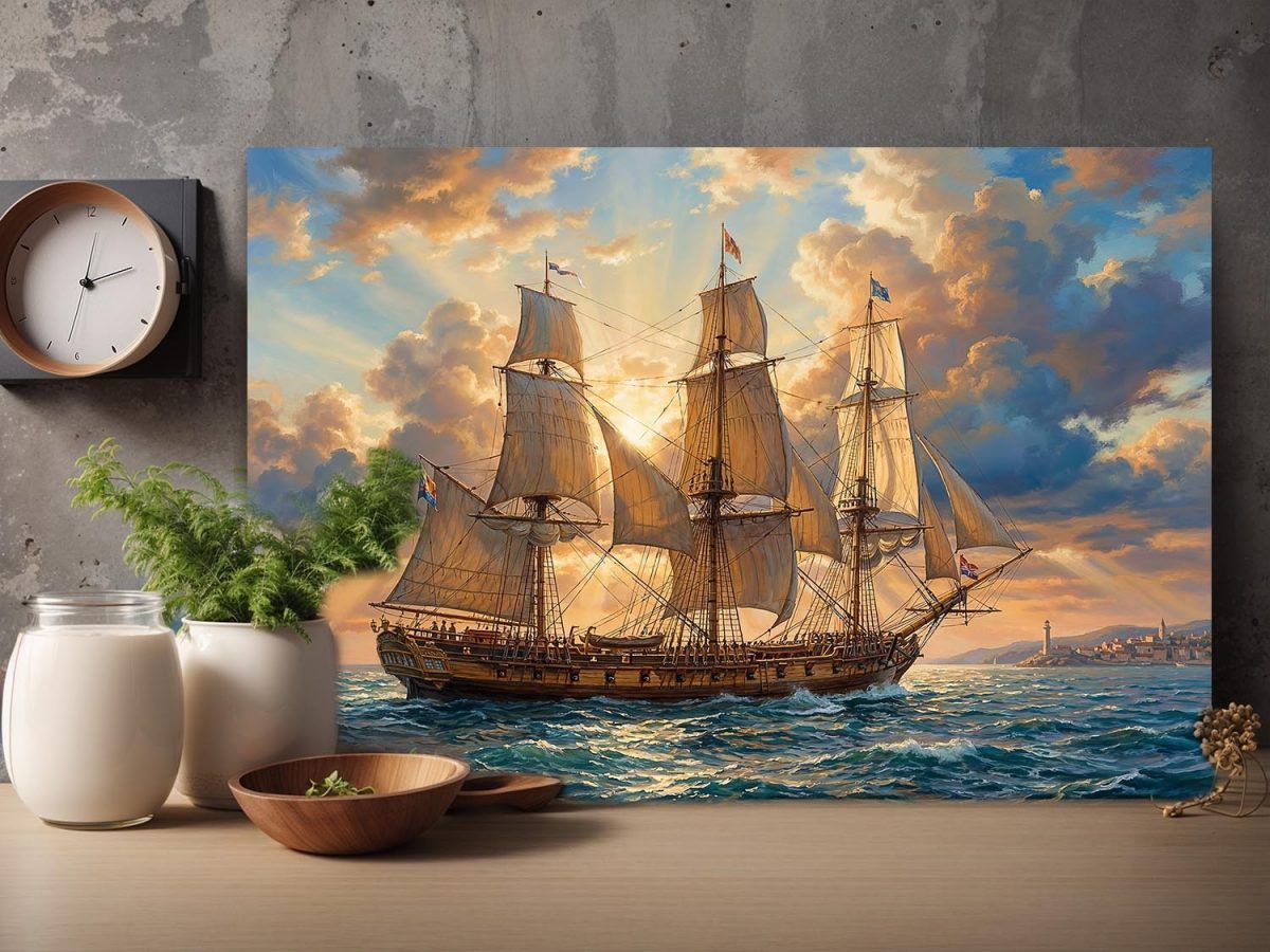Segelschiff im Abendlicht | Bild auf Leinwand
