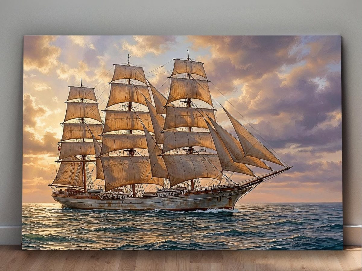 Dreimaster im sanften Abendlicht | Bild auf Leinwand| Segelschiff