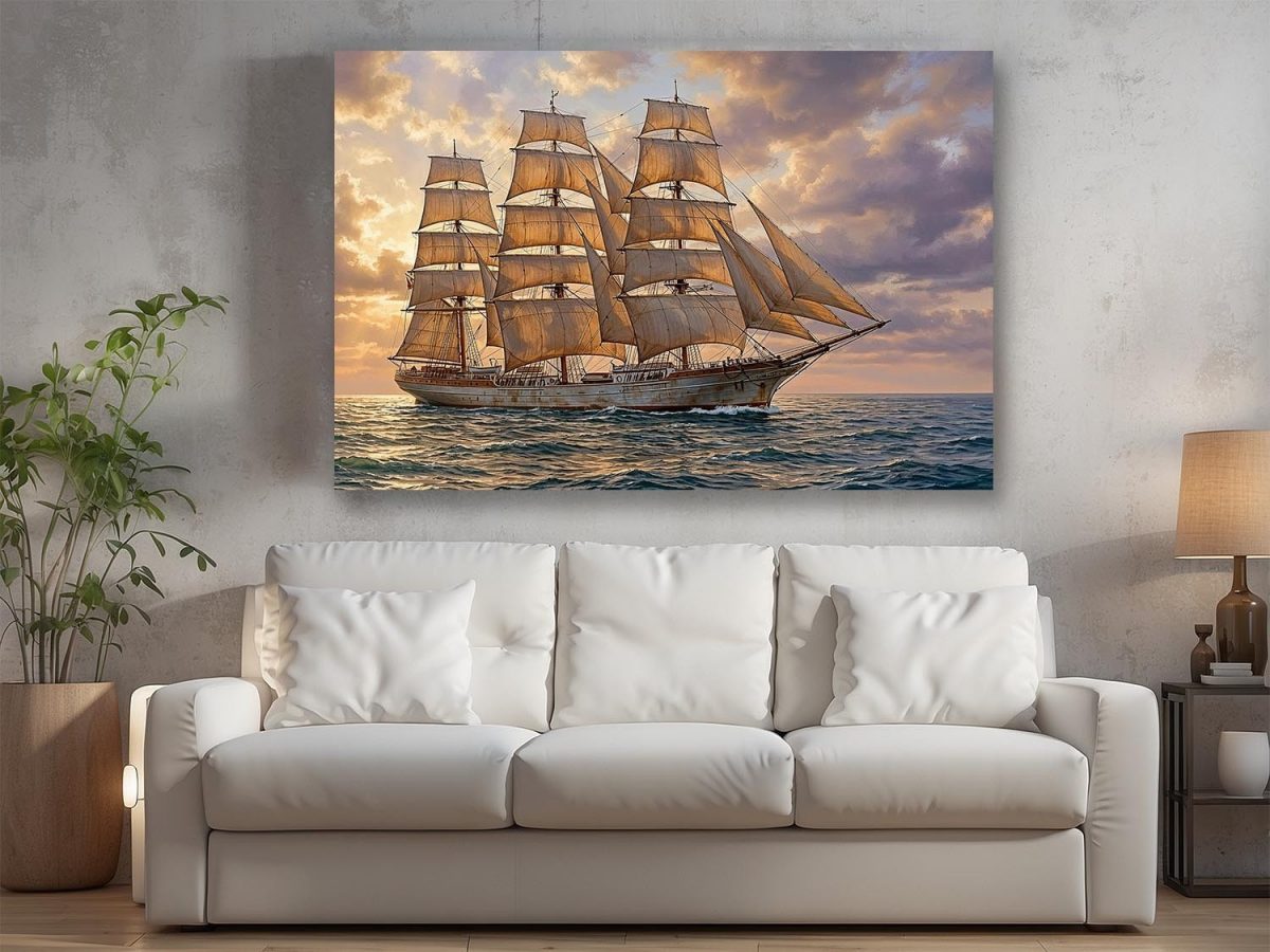 Dreimaster im sanften Abendlicht | Bild auf Leinwand| Segelschiff