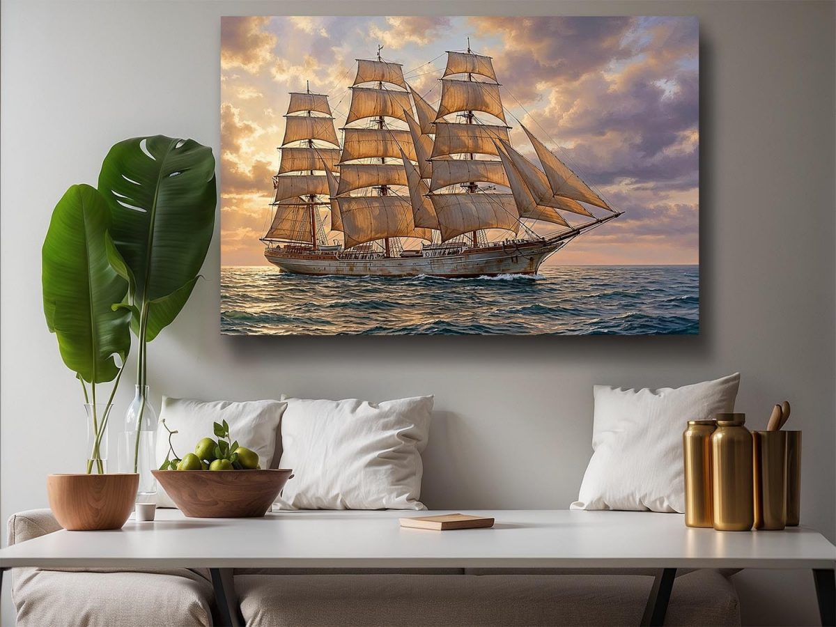 Dreimaster im sanften Abendlicht | Bild auf Leinwand| Segelschiff