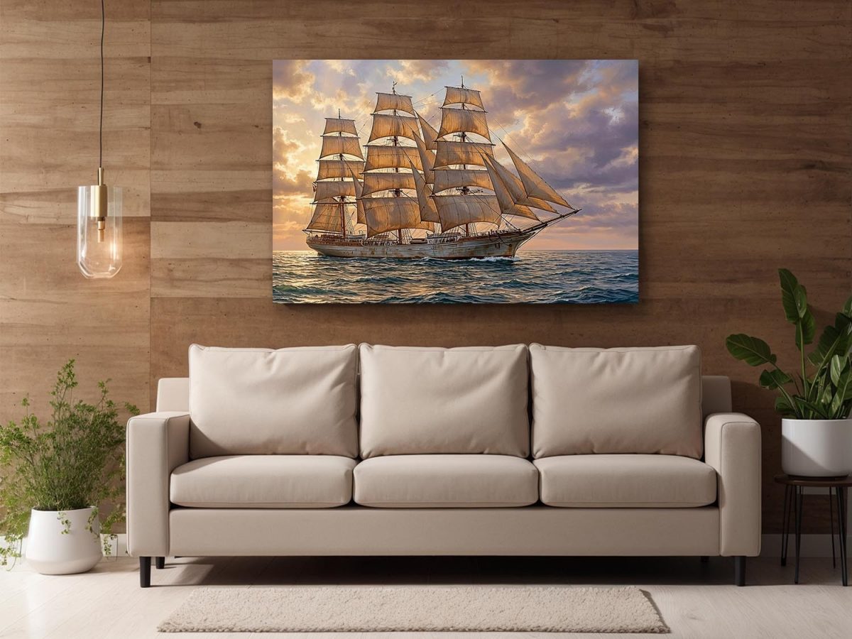 Dreimaster im sanften Abendlicht | Bild auf Leinwand| Segelschiff