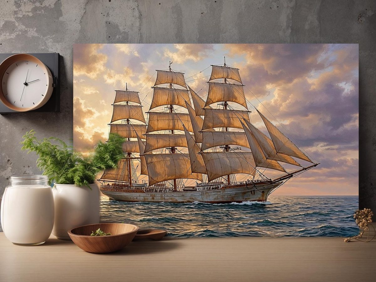 Dreimaster im sanften Abendlicht | Bild auf Leinwand| Segelschiff