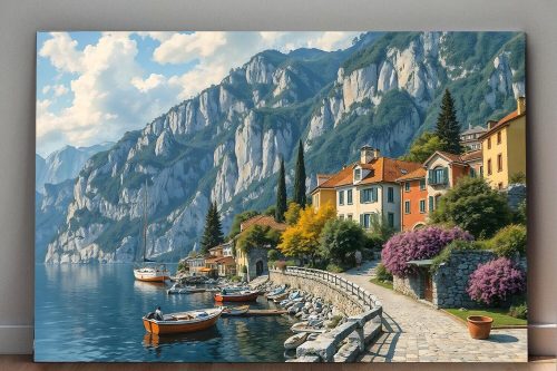 57-85.jpg Küstenstadt am Gardasee mit Blick auf die Berge, Digital Art, KI Art