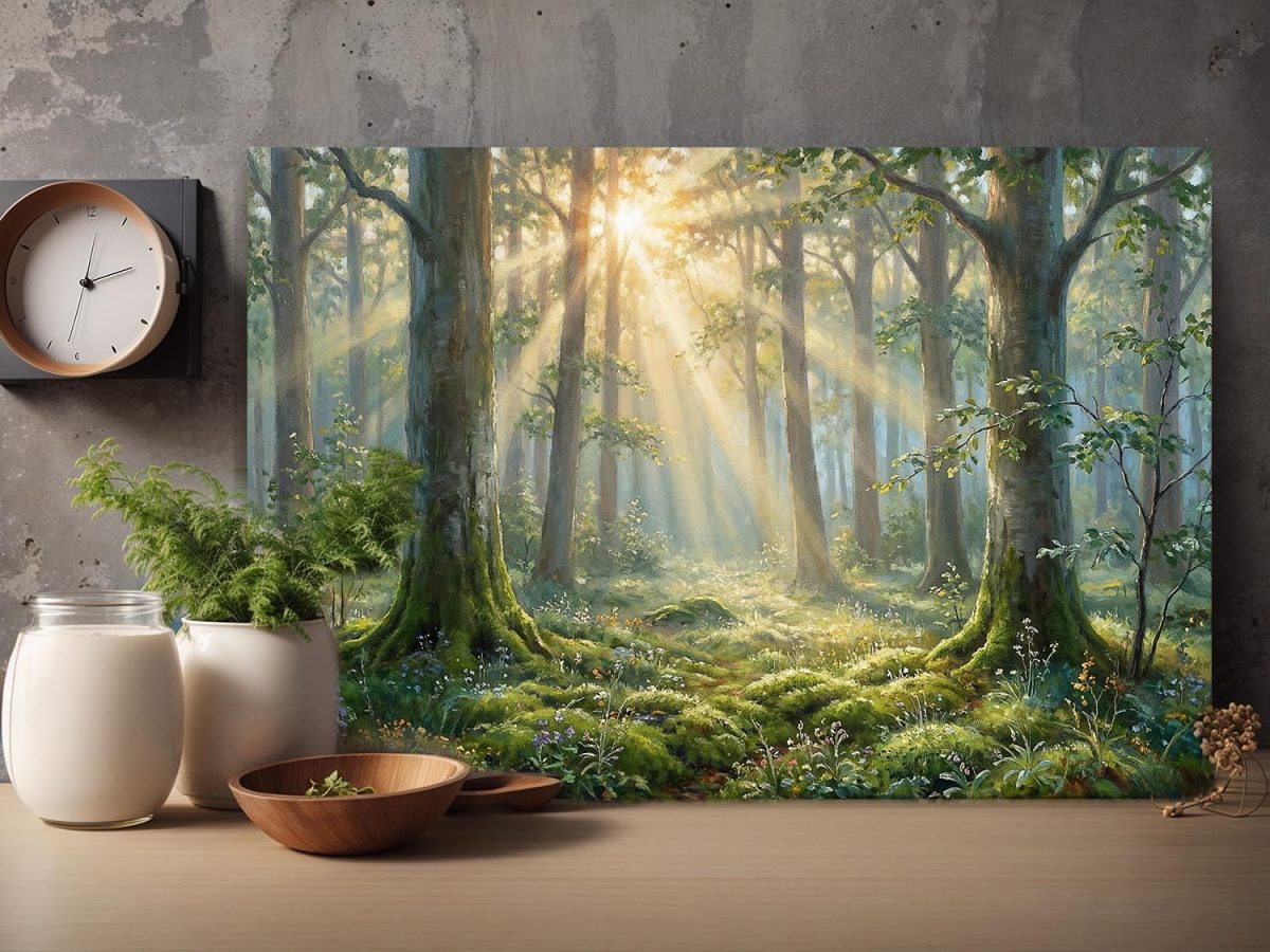 57-852.jpg Morgensonne im Wald, Lichtdurchflutetes Bild auf Leinwand