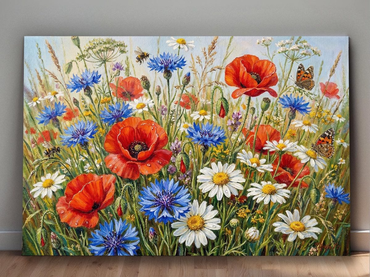 Sommerwiese in voller Blüte, Farbenfroher Bild auf Leinwand