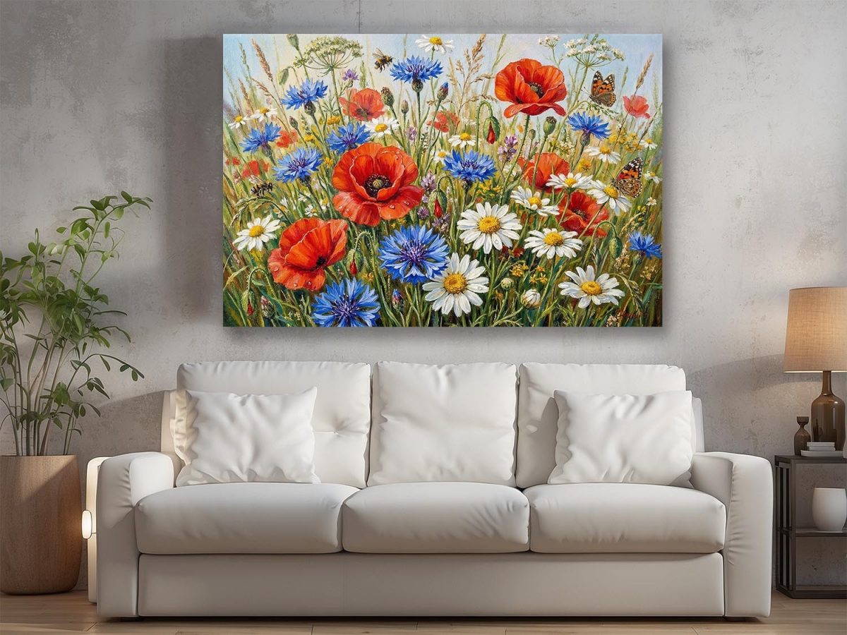 Sommerwiese in voller Blüte, Farbenfroher Bild auf Leinwand