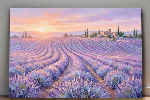 Lavendelfelder im Abendlicht – Harmonisches Landschaftsbild auf Leinwand,