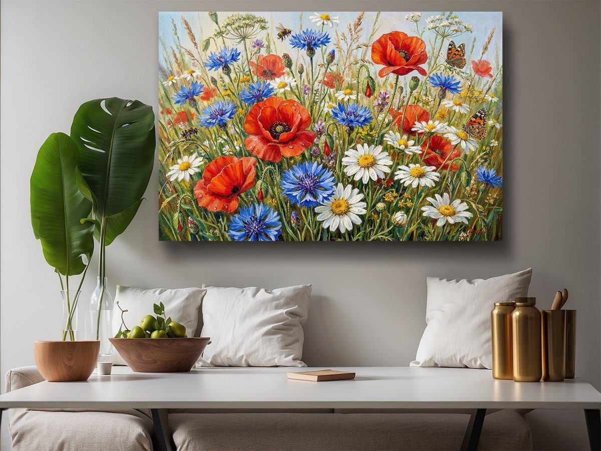 Sommerwiese in voller Blüte, Farbenfroher Bild auf Leinwand