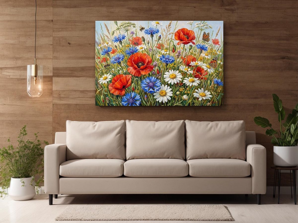 Sommerwiese in voller Blüte, Farbenfroher Bild auf Leinwand