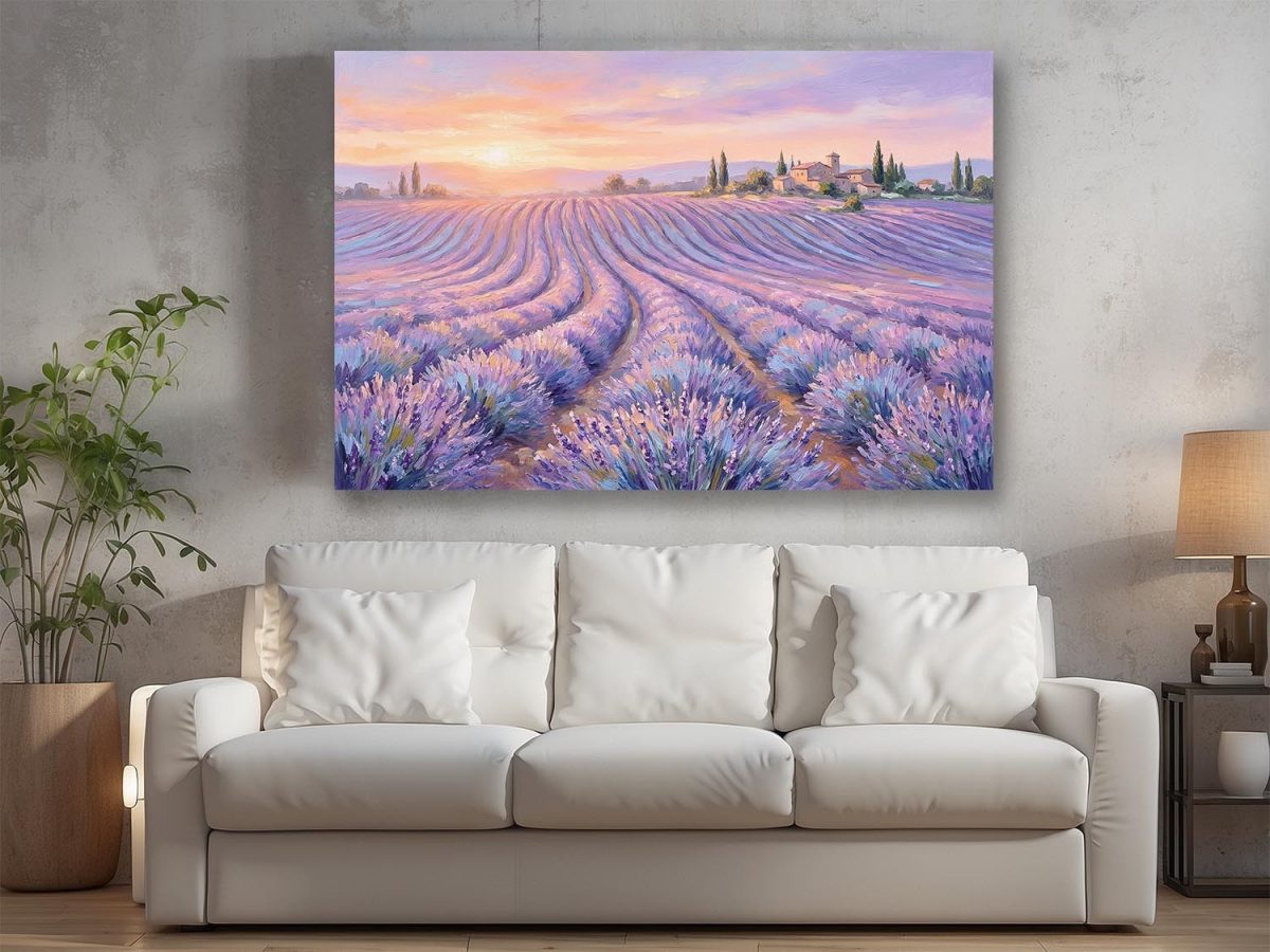 57-858.jpg Lavendelfelder im Abendlicht – Harmonisches Landschaftsbild auf Leinwand,