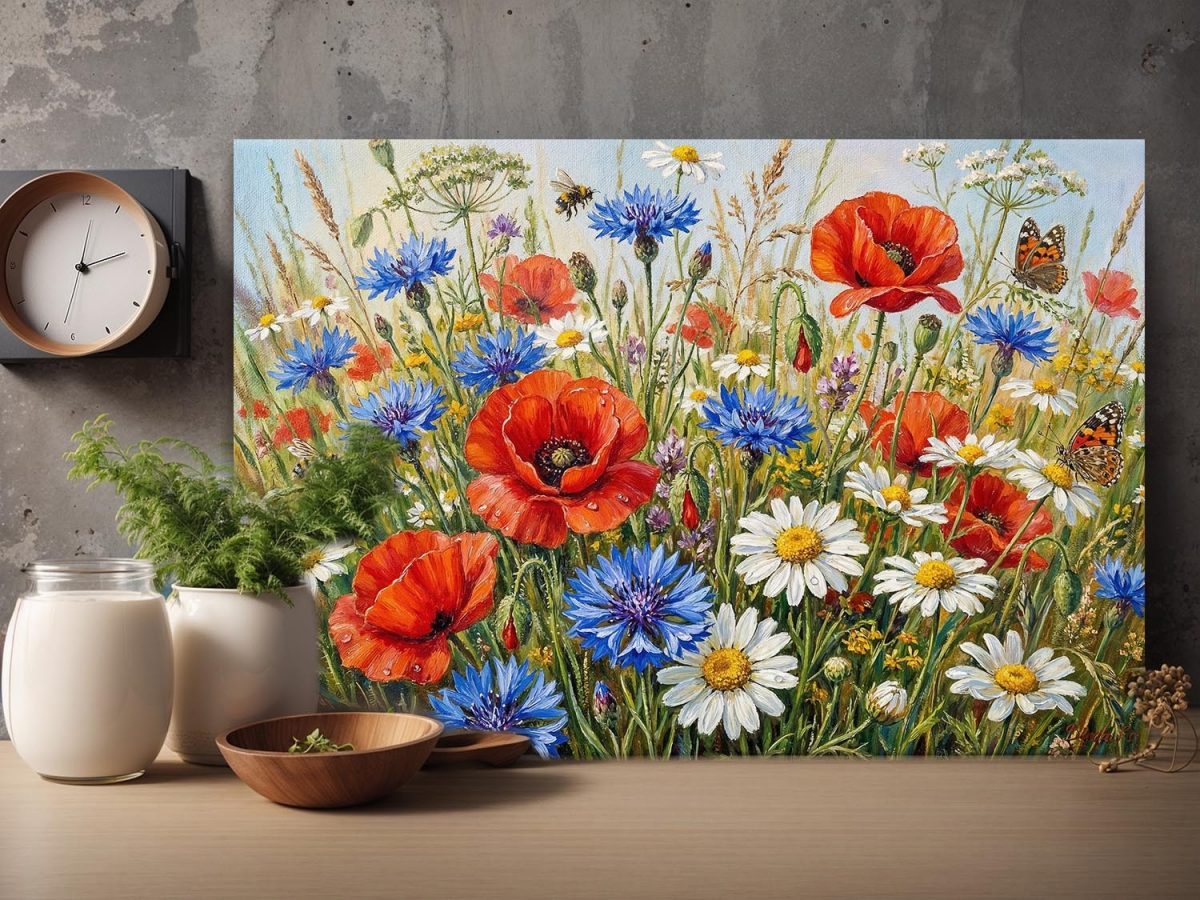 Sommerwiese in voller Blüte, Farbenfroher Bild auf Leinwand