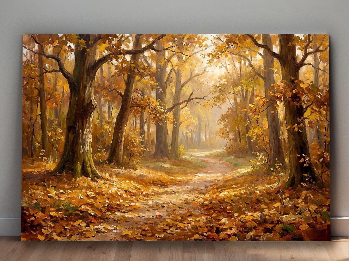 Herbstweg im warmen Licht, Stimmungsvolles Bild auf Leinwand